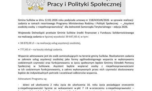 Zdjęcie do Informacja o przystąpieniu do realizacji Programu ,,Asystent osobisty osoby z niepełnosprawnością&rdquo;- edycja 2026