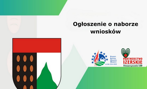 Grafika przedstawia ogłoszenie o naborze wniosków. W prawym górnym rogu znajduje się napis „Dofinansowane przez Unię Europejską” oraz flaga Unii Europejskiej. Po prawej stronie umieszczono duży tytuł „Ogłoszenie o naborze wniosków”. W lewym dolnym rogu wi