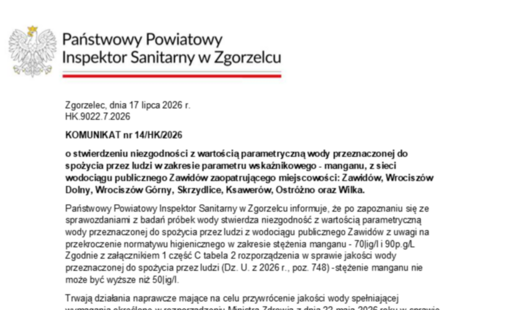 Zdjęcie do Komunikat Państwowego Powiatowego Inspektora Sanitarnego w Zgorzelcu nr 14/HK/2026