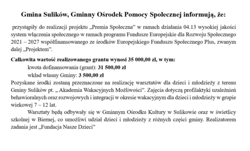 Zdjęcie do Realizacja projektu &bdquo;Premia Społeczna&rdquo; 